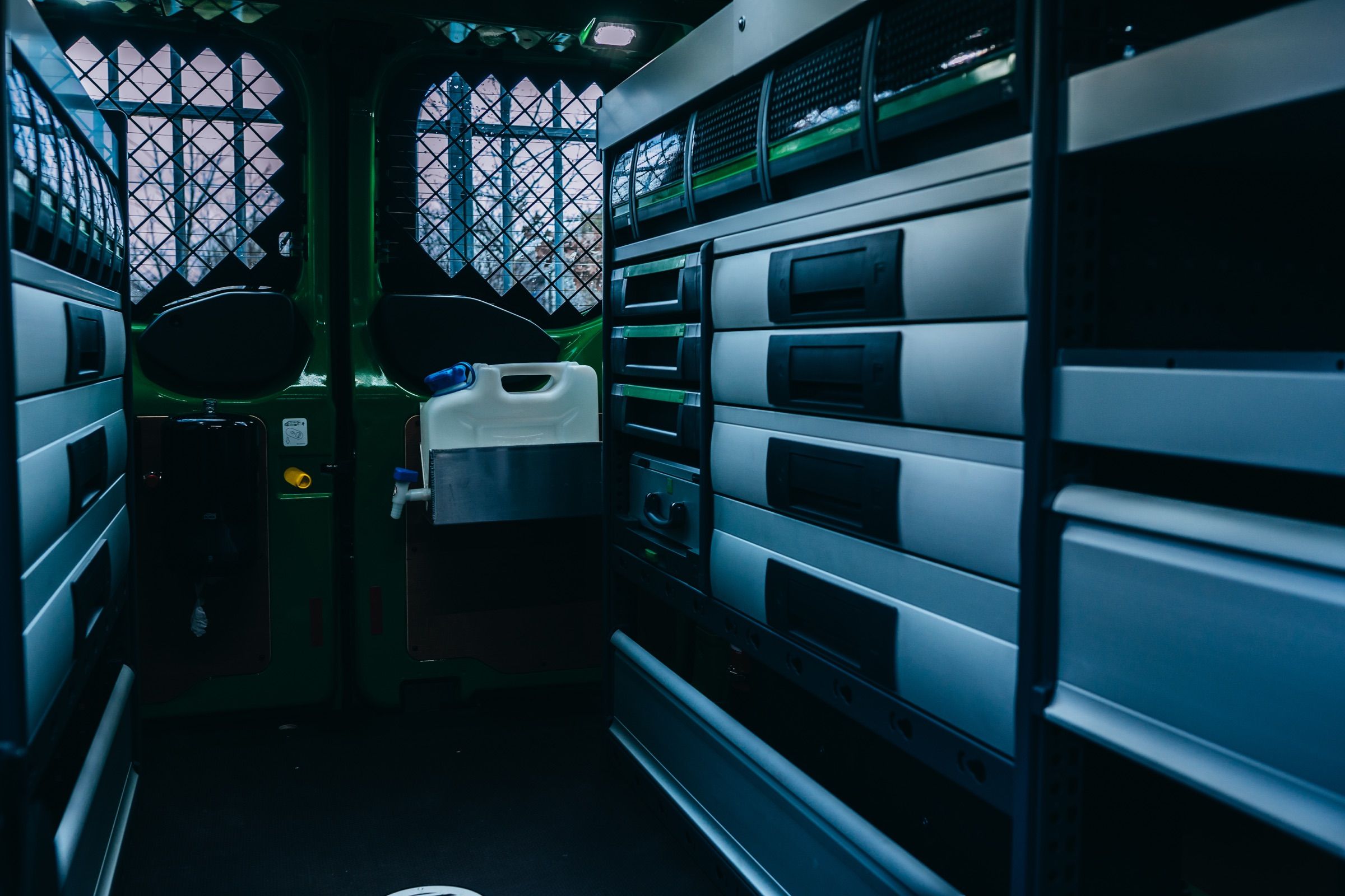 Drawer storage system fitted inside a work van