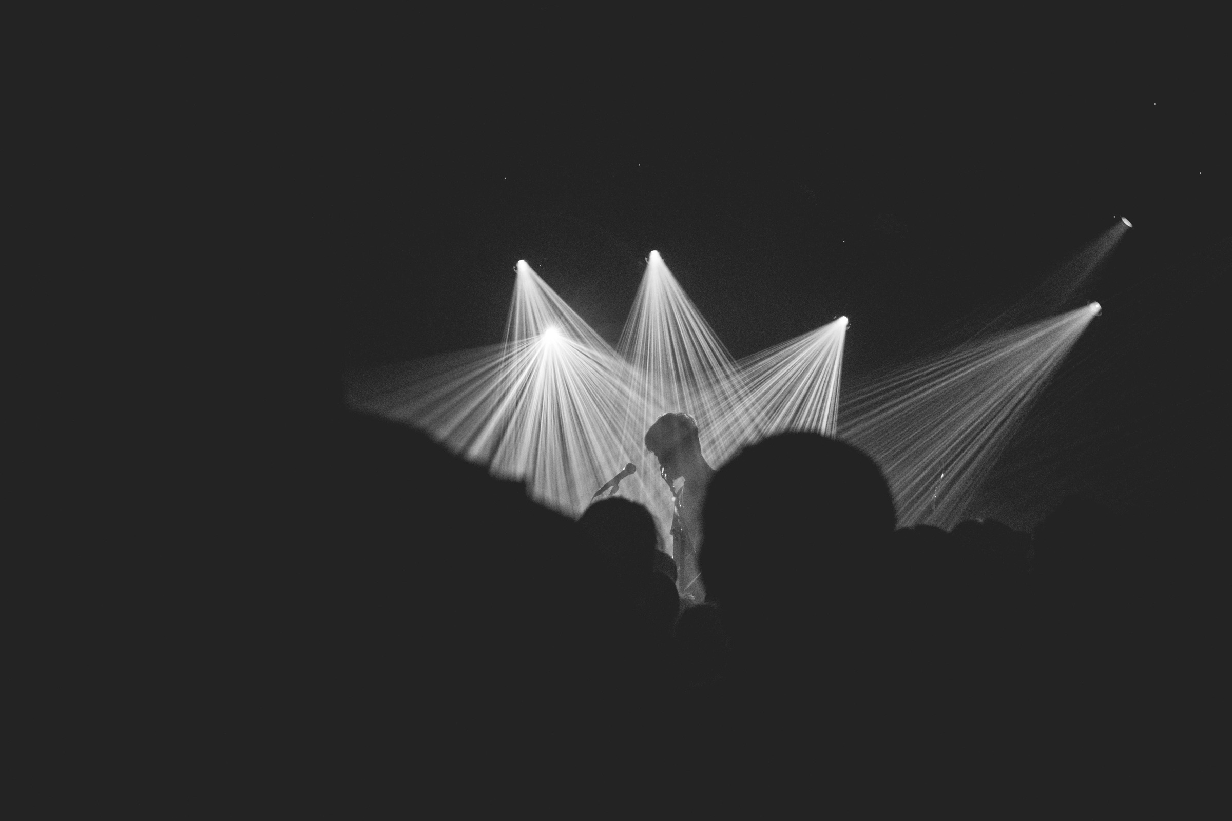 Singer silhouetted beneath fanned spotlight beams above a dark concert crowd